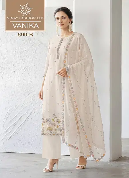 Vanika By Vinay Kuleesh Mul Chanderi Embroidery Dress Material Wholesale In India